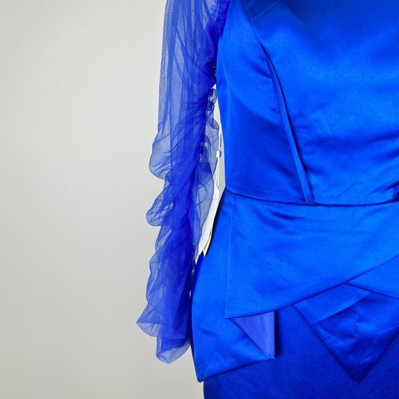 TS Couture Womens Cocktail Dress Blue Long Tulle Sleeves Sheath size Large - Picture 4 of 16